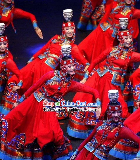 Mongolian Red Dance Costumes and Headdress Complete Set