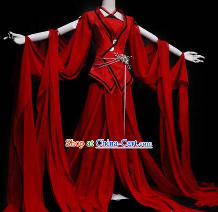 Ancient Chinese Red Princess Wide Sleeves Hanfu Clothes and Accessories Complete Set