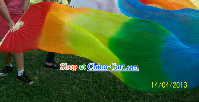 Professional Dancer Rainbow Color Long Silk Dance Fan