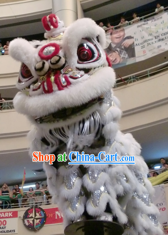 White Southern Hok San Lion Dance Head and Costumes Complete Set