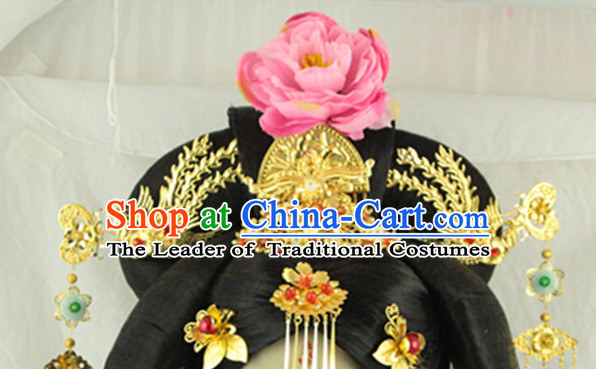 Ancient Chinese Lady Wedding Phoenix Headpieces and Black Long Wigs