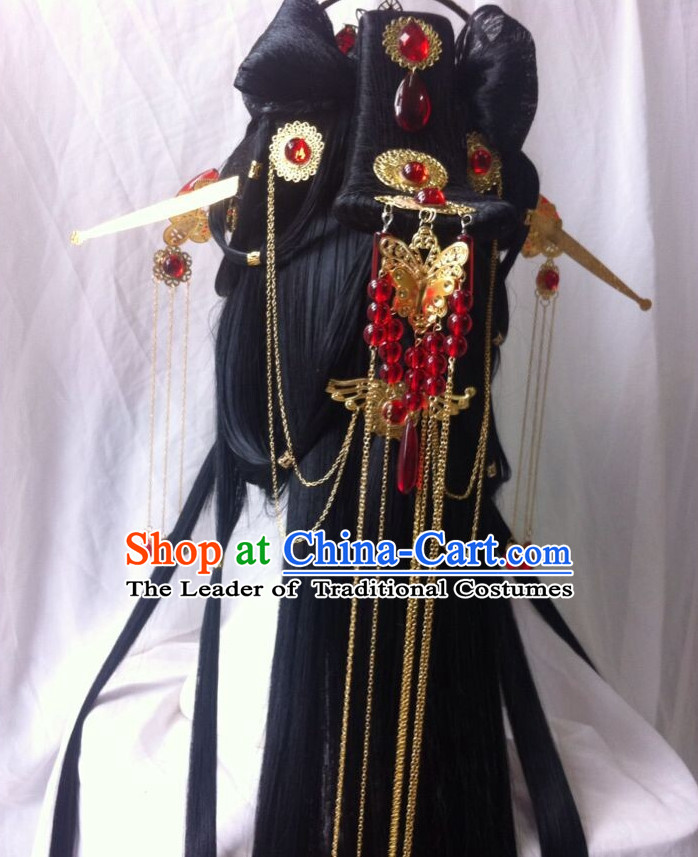 Chinese Cosplay Long Black Wigs Hair Accessories Fairy Legend Queen Princess Emperor