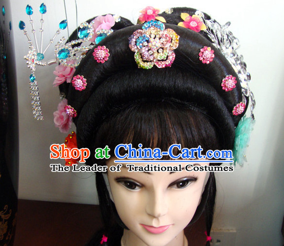 Chinese Opera Theatrical Performances Tao Hua Shan Fascinators Fascinator Wholesale Jewelry Hair Pieces and Black Long Wigs