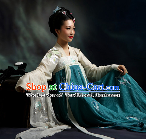 Ancient Chinese Tang Dynasty Hanfu Costumes Clothes and Hair Jewelry Complete Set for Women