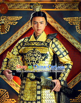 Chinese Qin Dynasty Emperor Han Wudi Armor Costumes Dresses Clothing Clothes Garment Outfits Suits Complete Set for Men