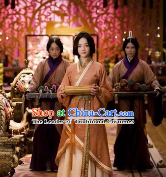 Chinese Qin Dynasty Palace Maid Costume Dresses Clothing Clothes Garment Outfits Suits and Hair Jewelry Complete Set for Women