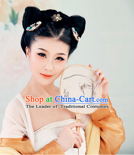 Chinese Imperial Lady Black Long Wigs and Headwear Headpieces Hair Jewelry Headdress for Women