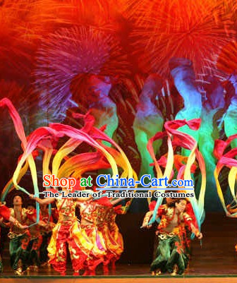 Chinese Folk Classic Long Ribbon Dance Costumes and Headwear Complete Set for Men and Women
