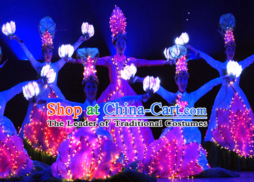 LED Lights Chinese Classic Folk Lotus Flower Dance Costumes and Headwear Complete Set for Women