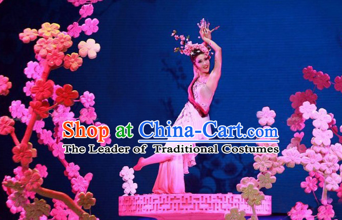 Chinese Folk Classic Peach Blossom Dance Costumes and Headwear Complete Set for Women