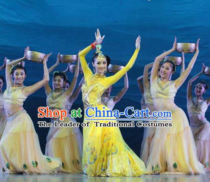 Chinese Classic Peacock Dance Costumes and Headwear Complete Set for Women