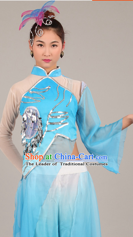 Blue Chinese Costume Folk Chinese Group Dance Costumes Carnival Costumes Fancy Dress National Garment and Hair Accessories