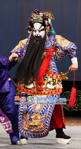 Blue Ancient Chinese Asian Peking Opera Costumes Fighting or Military Character Wu Sheng Costume and Helmet Complete Set for Men