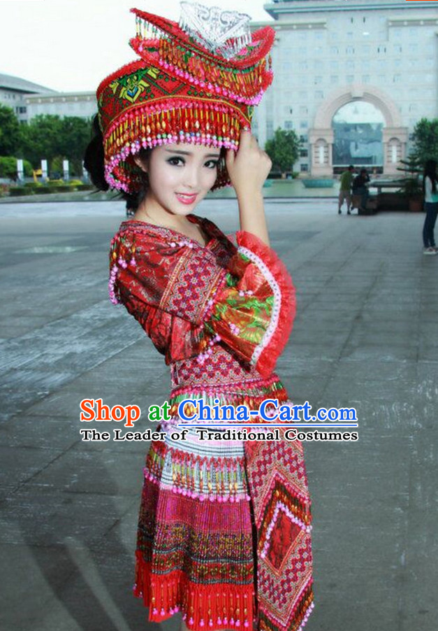 Traditional Chinese Miao Tribe Clothing Suits Garment Outfits and Hat Complete Set for Women or Girls