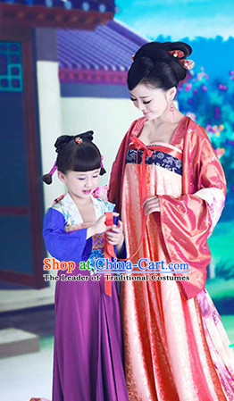Ancient Chinese Tang Dynasty Dress and Headwear for Women and Kids