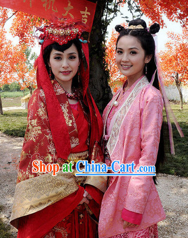 Red Chinese Wedding Dress and Hair Ornaments Complete Set