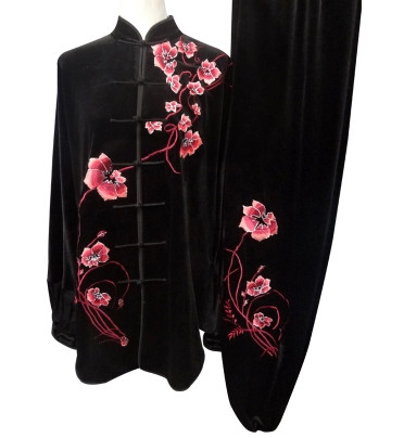 Black Velvet Embroidered Flower Kung Fu Suits Complete Set for Women