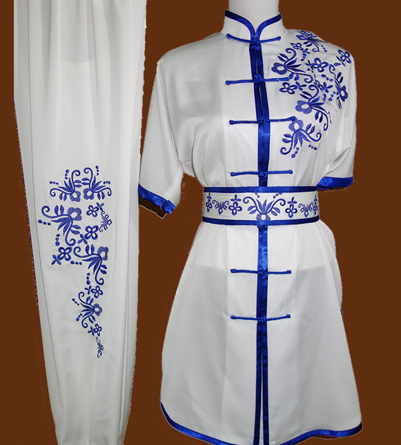 Blue Flower Embroidery Short Sleeves Wushu Uniforms