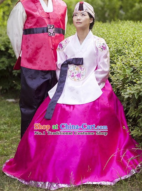 Korean Fashion Traditional Hanbok Wedding Dress and Hat Complete Set for Women