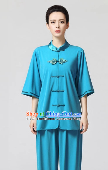 Plain Blue Color Top Asian China Tai Chi Short Sleeves Uniform
