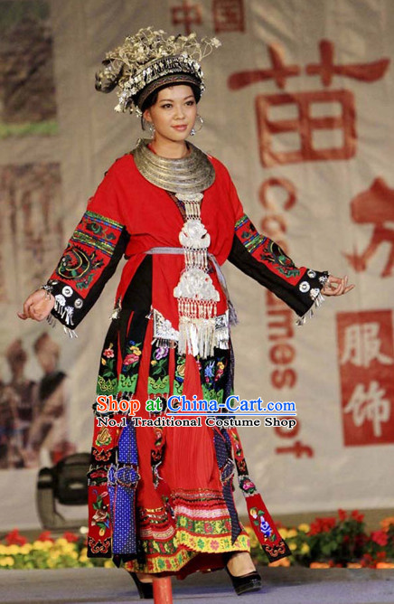 Chinese Traditional Miao Ethnic Clothing and Silver Hat Complete Set