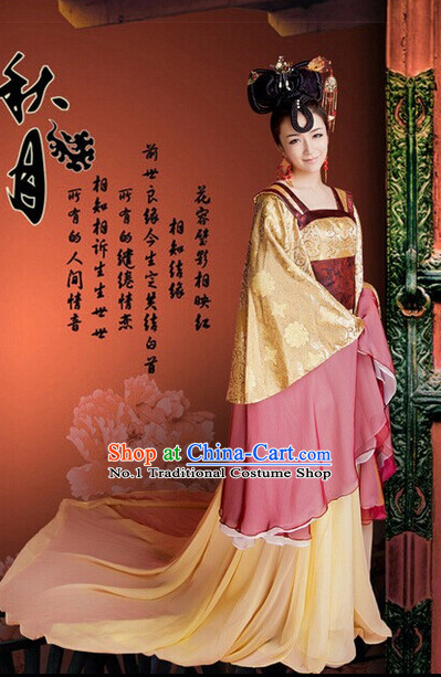 Long Trail Chinese Traditional Tang Dynasty Costumes and Headdresses Complete Set