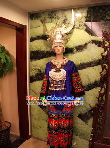 Chinese Traditional Miao Clothing and Silver Hat Complete Set for Women