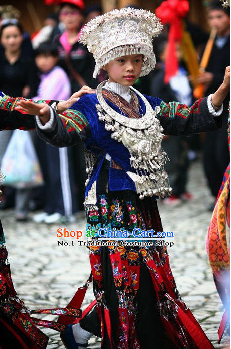 Chinese Traditional Miao Clothing and Silver Hat Complete Set for Kids Girls
