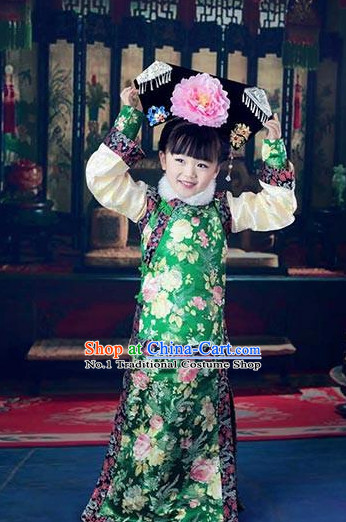 Chinese Qing Dynasty Princess Kids Costumes and Headdress Complete Set