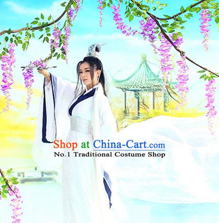Asian Chinese Traditional White Hanfu Costumes and Coronet Complete Set