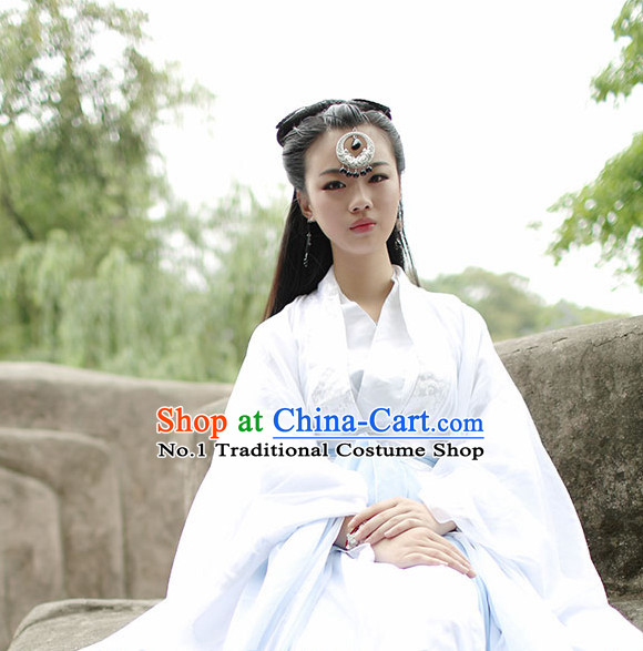 Asia Fashion Ancient China Culture Chinese White Princess Costumes and Hair Accessories Complete Set
