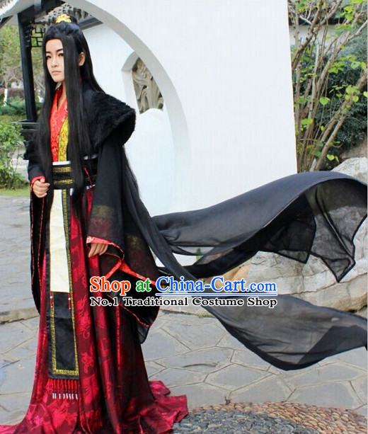 Asia Fashion Chinese Black Kung Fu Master Hanfu Costumes and Long Wig