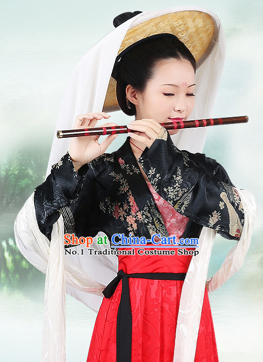 Chinese Ancient Mysterious Lady Clothing and Bamboo Hat Complete Set