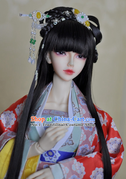 Traditional Chinese Black Long Wig and Hair Accessories Hair Jewelry