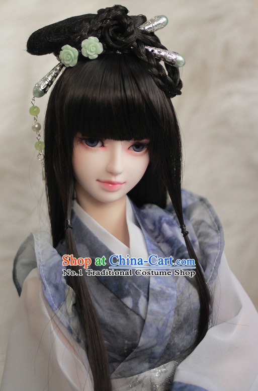 Traditional Chinese Princess Black Long Wig and Hair Jewelry