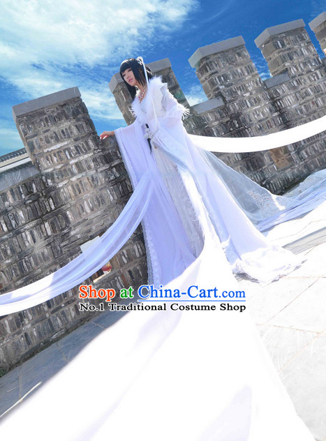 Chinese Pure White Fairy Cosplay Halloween Costumes and Hair Jewelry Complete Set