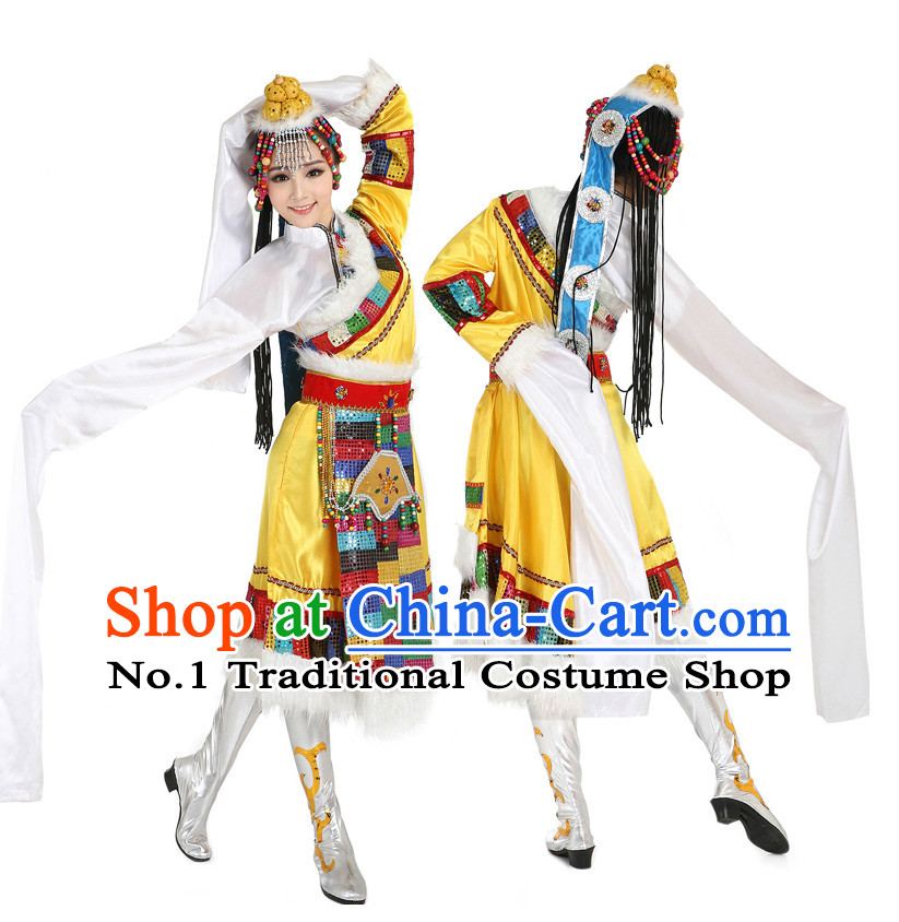 Chinese Traditional Tibetan Dance Costumes Suppy and Headpieces Complete Set