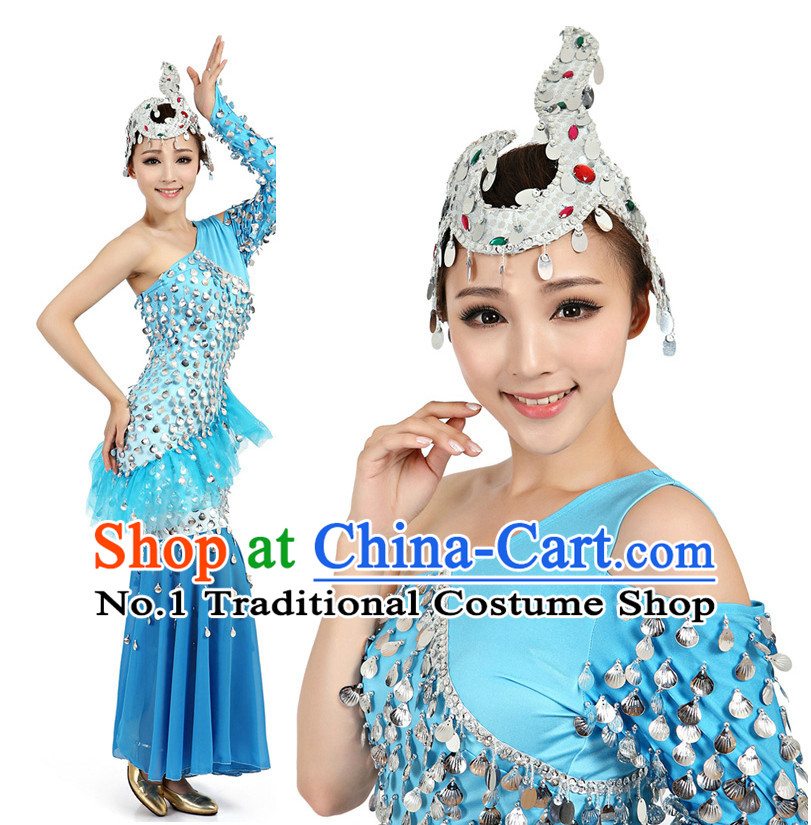 Chinese Dai Zu Ethnic Dance Costumes Apparel Dance Stores Dance Gear Dance Attire and Hair Accessories Complete Set for Women