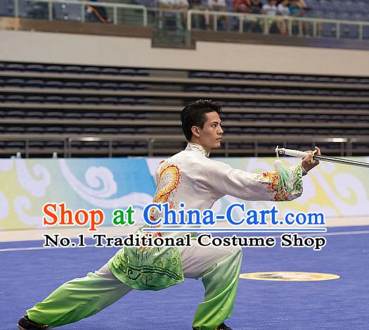 Top Embroidered Dragon Tai Chi Swords Championship Costumes Taijiquan Uniforms Quigong Uniform Thaichi Martial Arts Qi Gong Kung Fu Combat Clothing Competition Clothes for Men