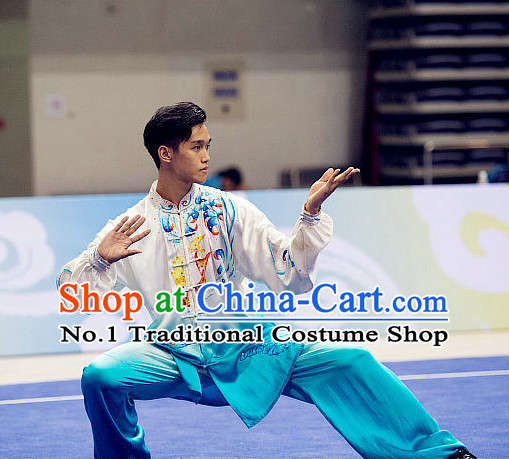 Top Embroidered Tai Chi Swords Championship Costumes Taijiquan Uniforms Quigong Uniform Thaichi Martial Arts Qi Gong Kung Fu Combat Clothing Competition Clothes for Men