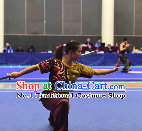 Top Chinese Wushu Double Forks Kung Fu Sword Uniforms Kungfu Uniform Martial Arts Competition Costumes for Women