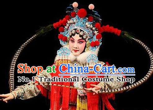 Chinese Classical Beijing Opera Mandarin Heroine Phoenix Hat and Peacock Feathers Long Pheasant Tail Feathers