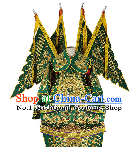 Chinese Green Theatrical Costume Beijing Opera Costumes Peking Opera Wu Sheng Embroidered Armor Costumes and Flags for Men