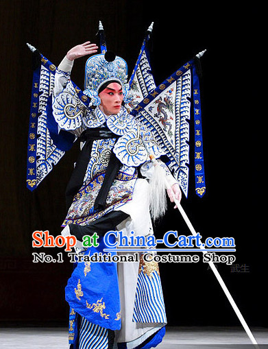 Chinese Theatrical Costume Beijing Opera Costumes Peking Opera Wu Sheng Warrior Costumes Flags and Hat Complete Set for Men