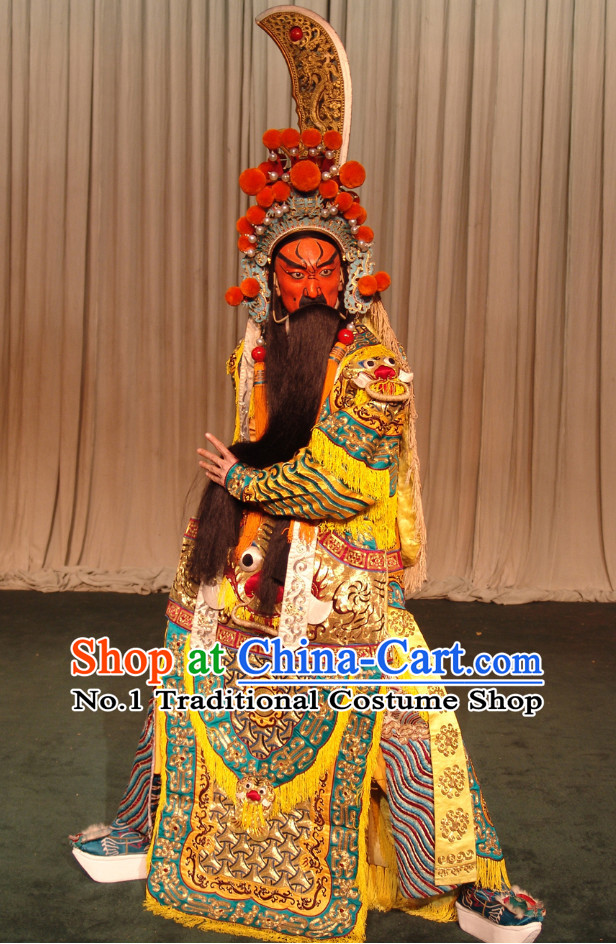Chinese Ancient Beijing Opera Peking Opera Guann Gong Guan Yu Superhero Costumes and Hat Complete Set for Men