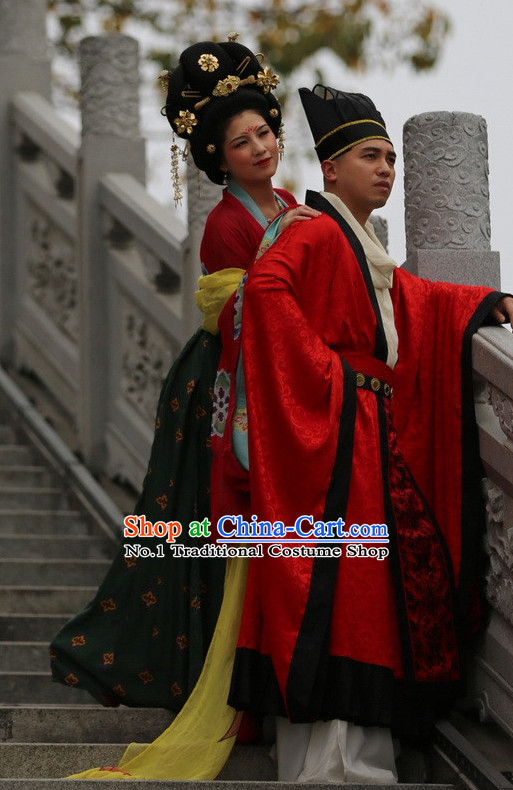 Chinese Tang Wedding Dress Folk Dress and Accessories 2 Complete Sets