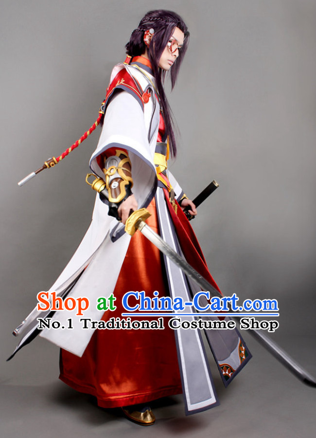 Asia Fashion Chinese Male Warrior Cosplay Costumes and Hair Accessies Complete Set