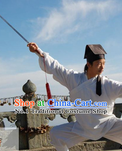 China White Wudang Mountain Taoist Costumes Complete Set for Men