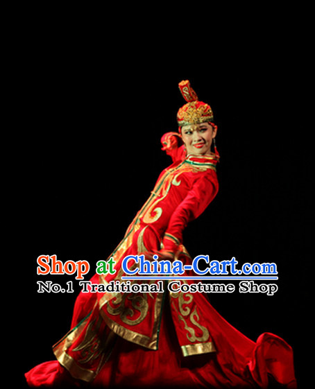 Beautiful Chinese Mongolian Dance Costumes and Hat Complete Set for Women