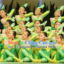 Chinese Green Leaf Dance Costumes and Headwear Complete Set